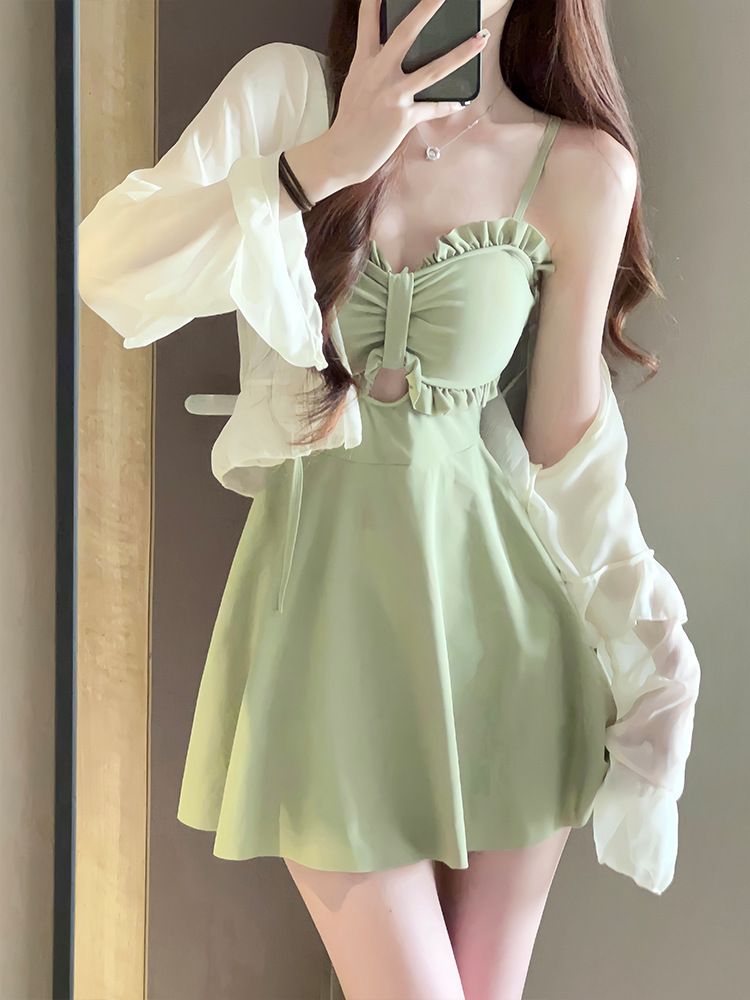 Swimsuit for women 2025 new summer one-piece slimming conservative skirt style avocado green high-end and sexy hot spring swimsuit