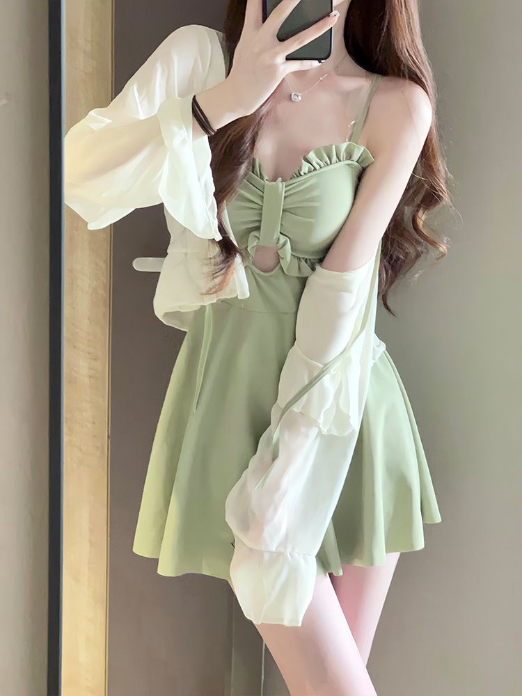 Swimsuit for women 2025 new summer one-piece slimming conservative skirt style avocado green high-end and sexy hot spring swimsuit