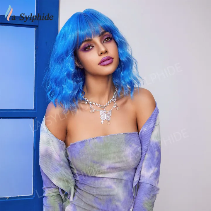 Cross border wig for women with short hair, blue Halloween, Amazon European and American wig, bangs wig, full head cover mechanism