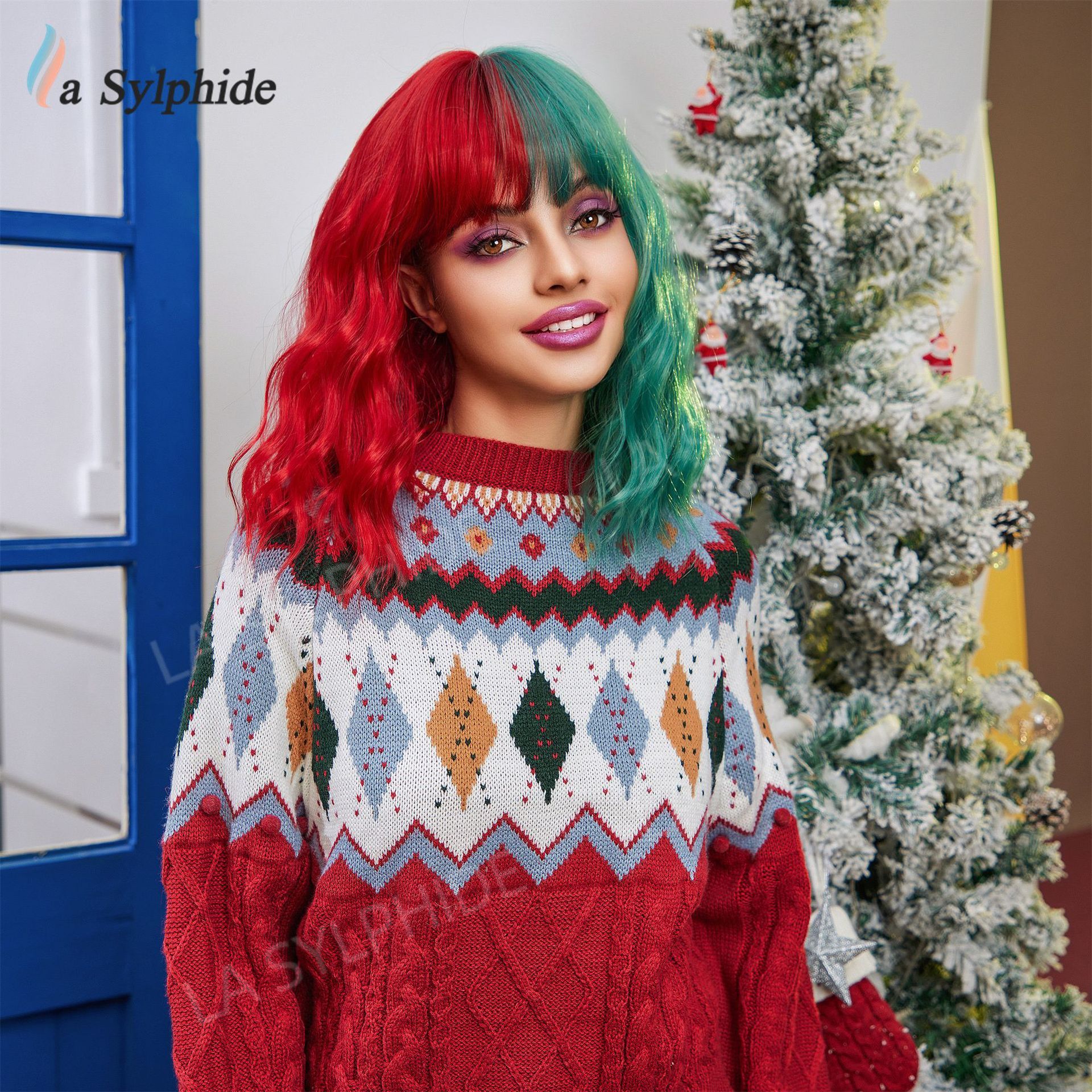 Cross border wig for women with short hair, blue Halloween, Amazon European and American wig, bangs wig, full head cover mechanism