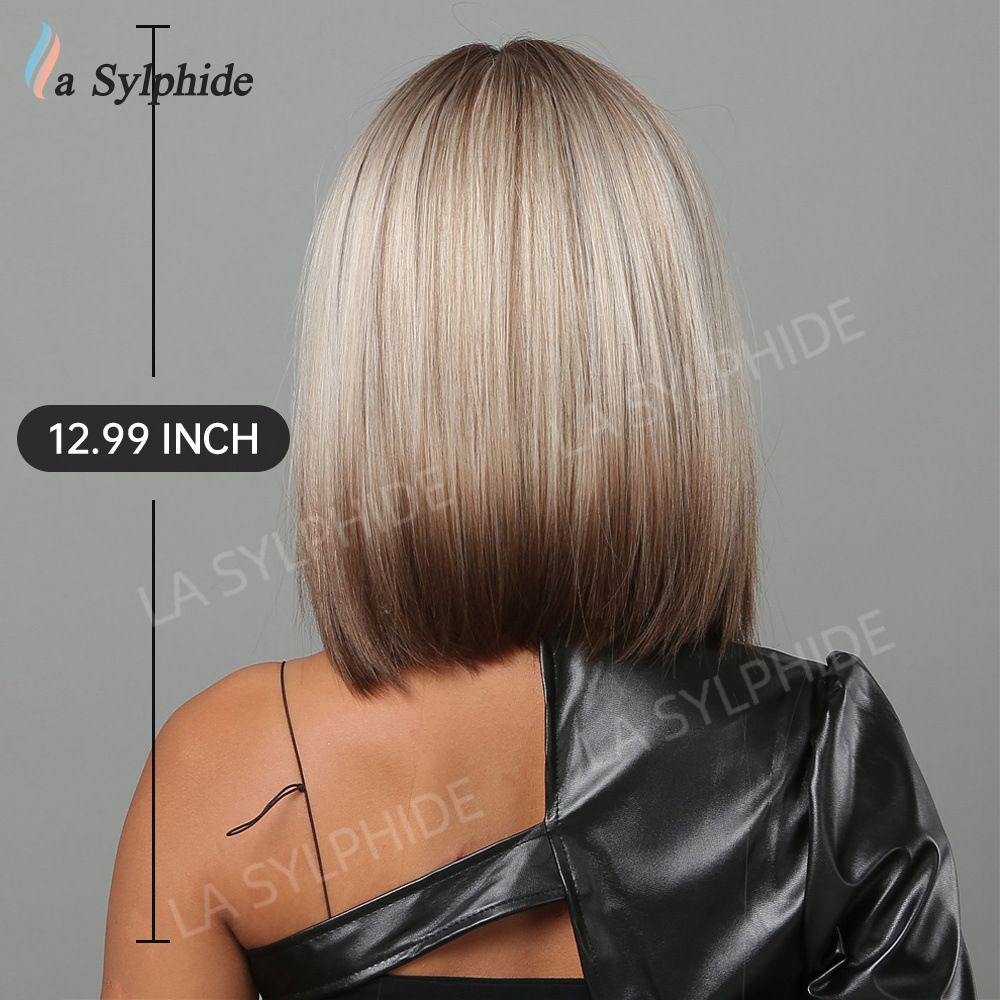 Wigs short straight hair with bangs, brown gradient silver BoBo hairstyle, daily cosplay wig, women's ozon hair replacement