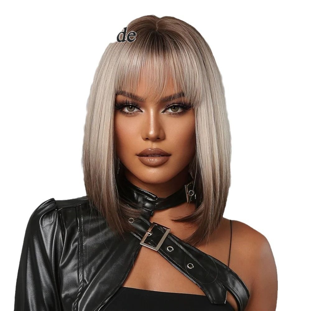 Wigs short straight hair with bangs, brown gradient silver BoBo hairstyle, daily cosplay wig, women's ozon hair replacement