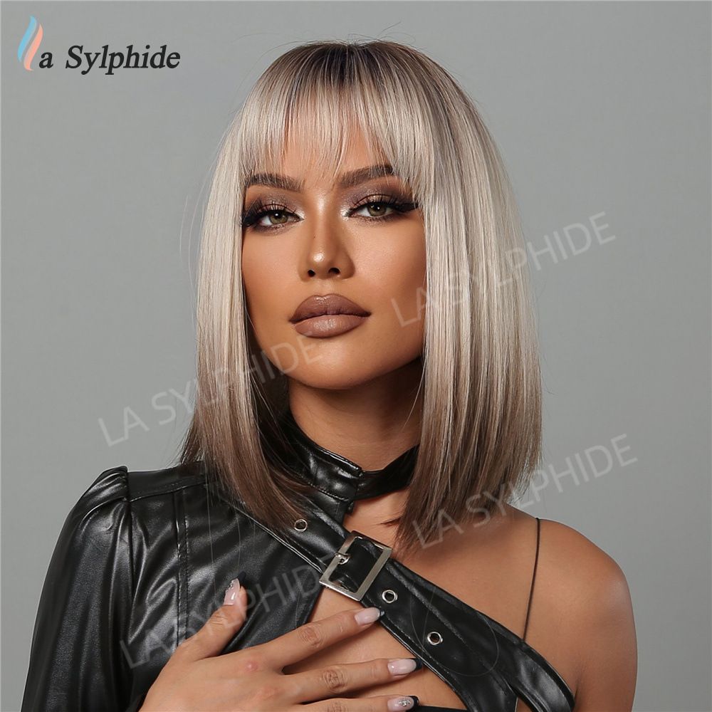 Wigs short straight hair with bangs, brown gradient silver BoBo hairstyle, daily cosplay wig, women's ozon hair replacement