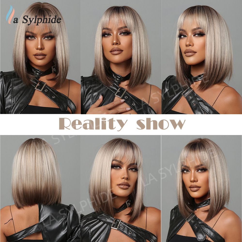 Wigs short straight hair with bangs, brown gradient silver BoBo hairstyle, daily cosplay wig, women's ozon hair replacement