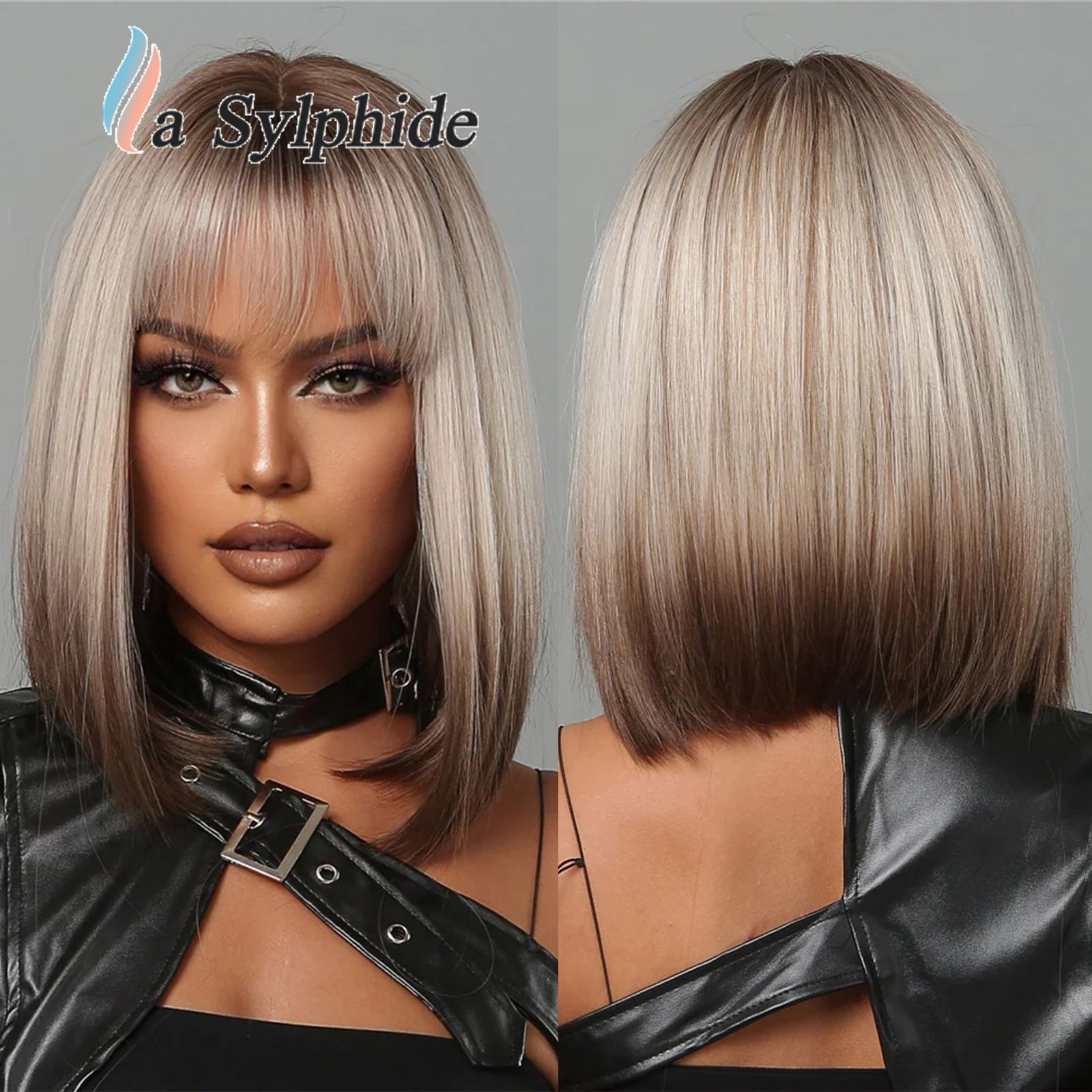Wigs short straight hair with bangs, brown gradient silver BoBo hairstyle, daily cosplay wig, women's ozon hair replacement
