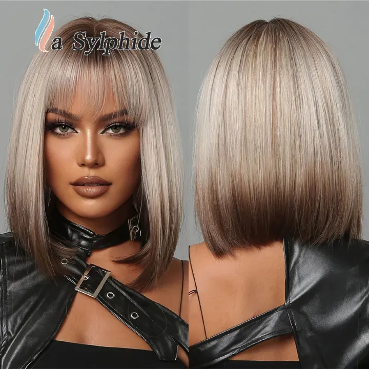 Wigs short straight hair with bangs, brown gradient silver BoBo hairstyle, daily cosplay wig, women's ozon hair replacement