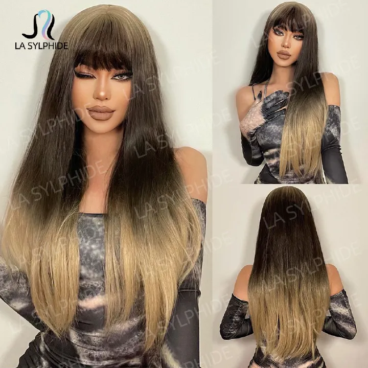 Brown European and American wig women's full head set long straight hair new wig set Wig synthetic mechanism simulation natural hair