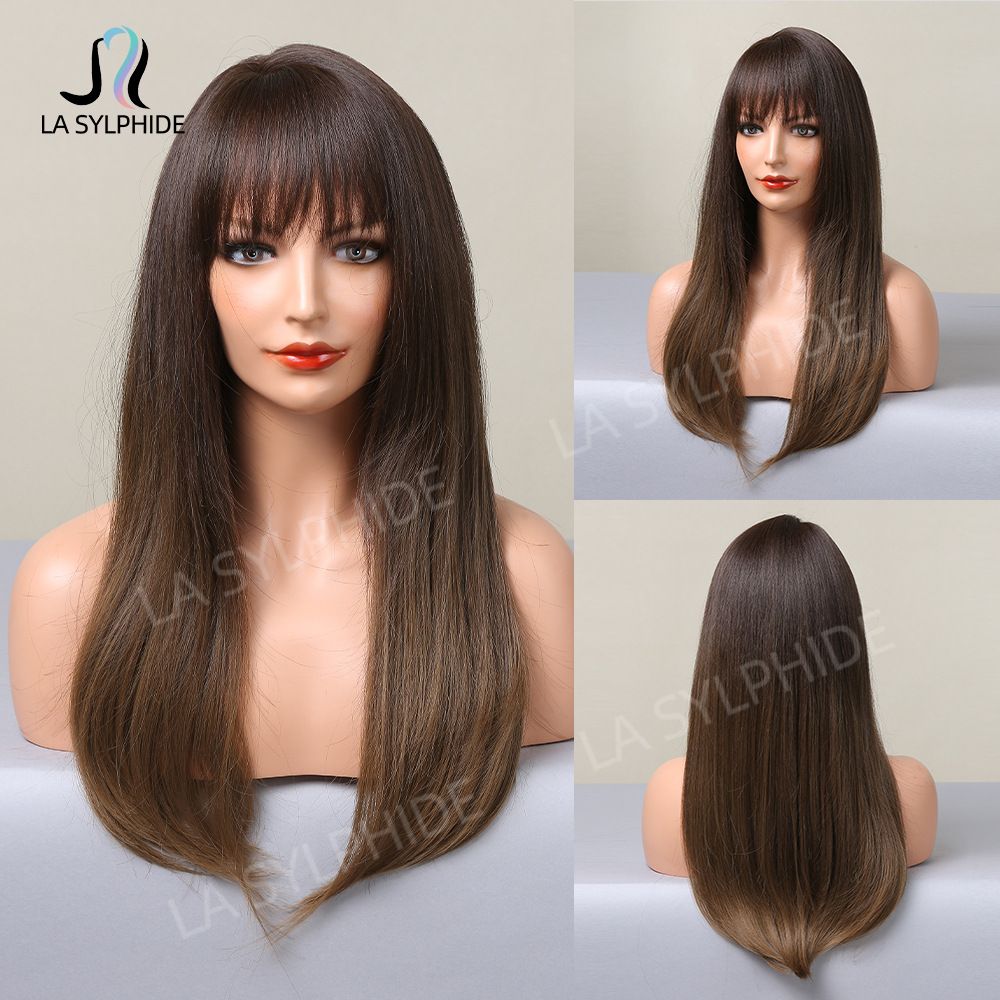 Brown European and American wig women's full head set long straight hair new wig set Wig synthetic mechanism simulation natural hair