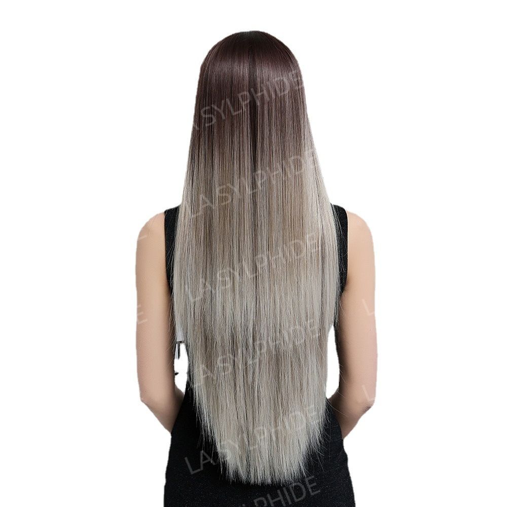 Brown European and American wig women's full head set long straight hair new wig set Wig synthetic mechanism simulation natural hair