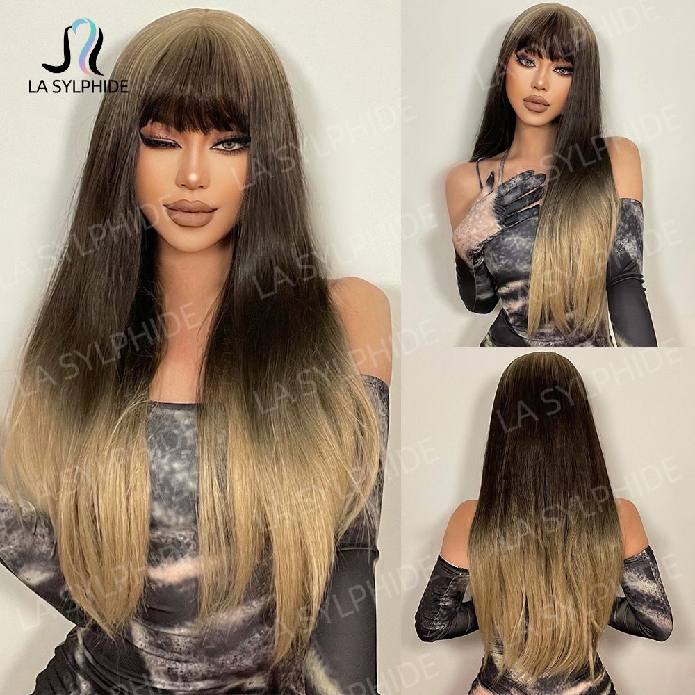Brown European and American wig women's full head set long straight hair new wig set Wig synthetic mechanism simulation natural hair