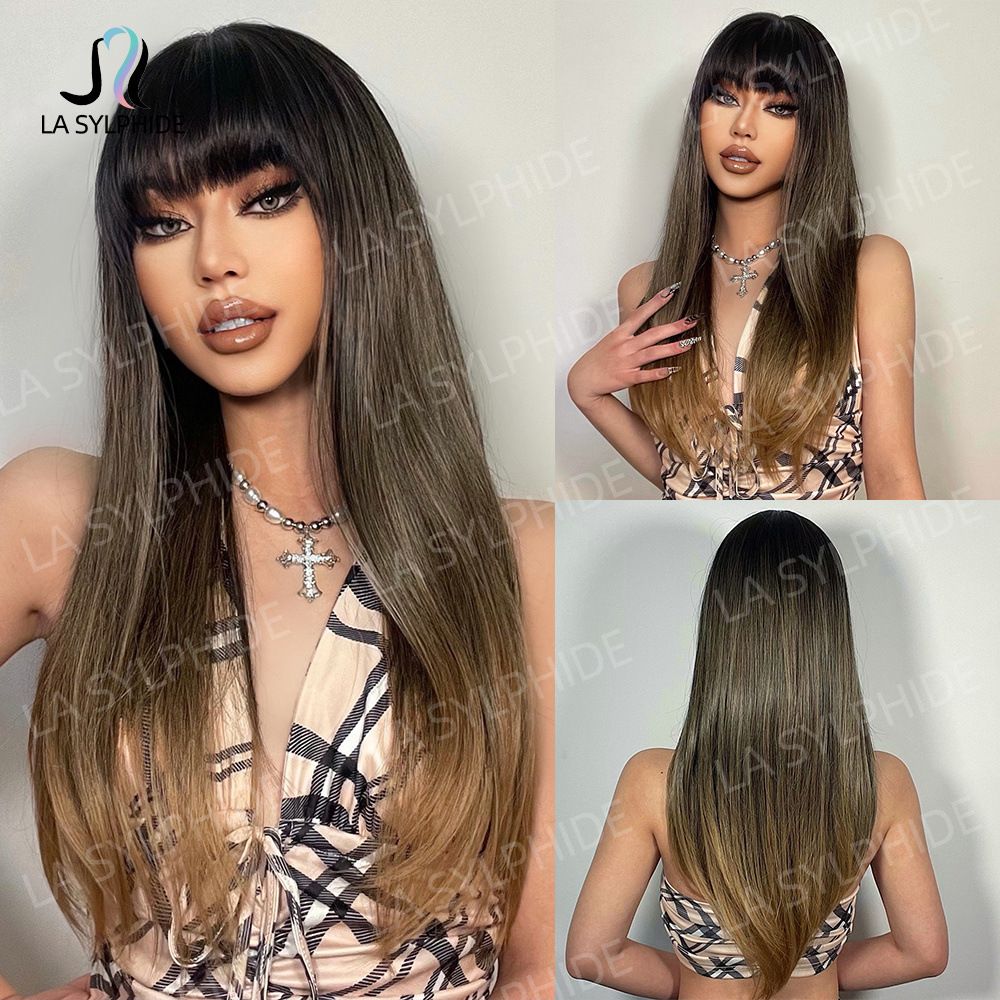 Brown European and American wig women's full head set long straight hair new wig set Wig synthetic mechanism simulation natural hair
