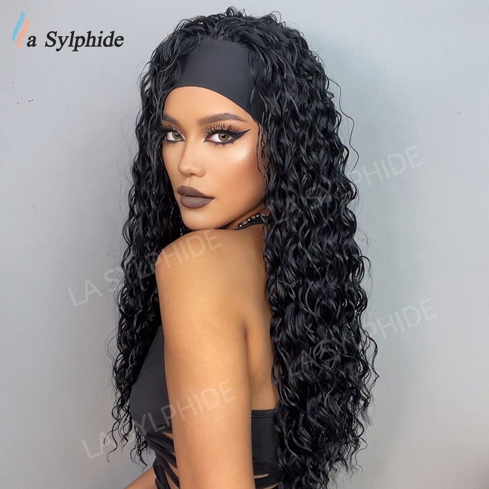 New hairband wig for women, popular in Europe and America, Hair black small roll brown long straight hair mechanism, high temperature silk, Amazon
