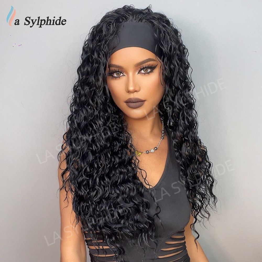 New hairband wig for women, popular in Europe and America, Hair black small roll brown long straight hair mechanism, high temperature silk, Amazon