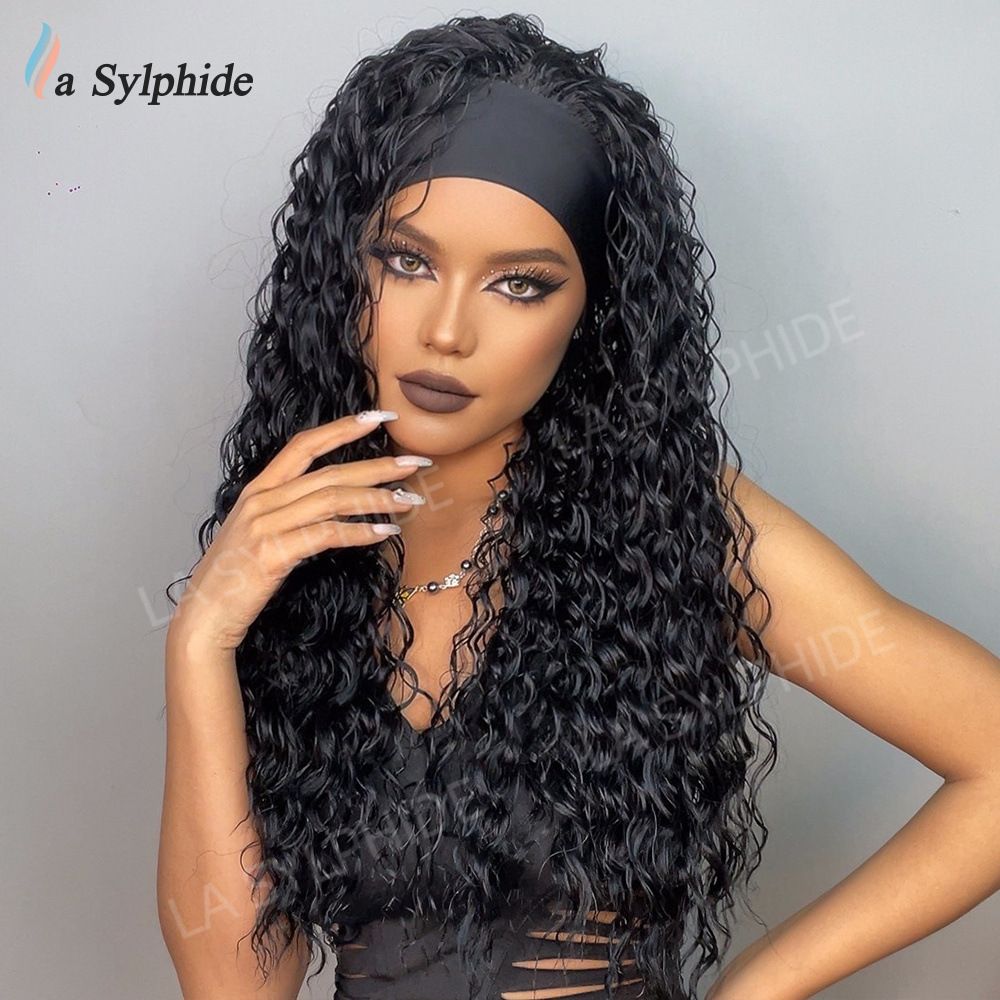 New hairband wig for women, popular in Europe and America, Hair black small roll brown long straight hair mechanism, high temperature silk, Amazon