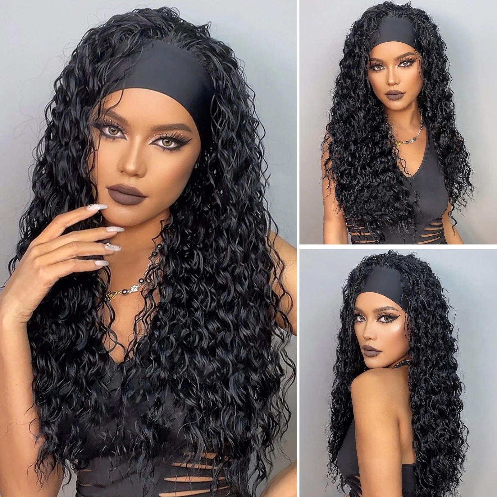 New hairband wig for women, popular in Europe and America, Hair black small roll brown long straight hair mechanism, high temperature silk, Amazon