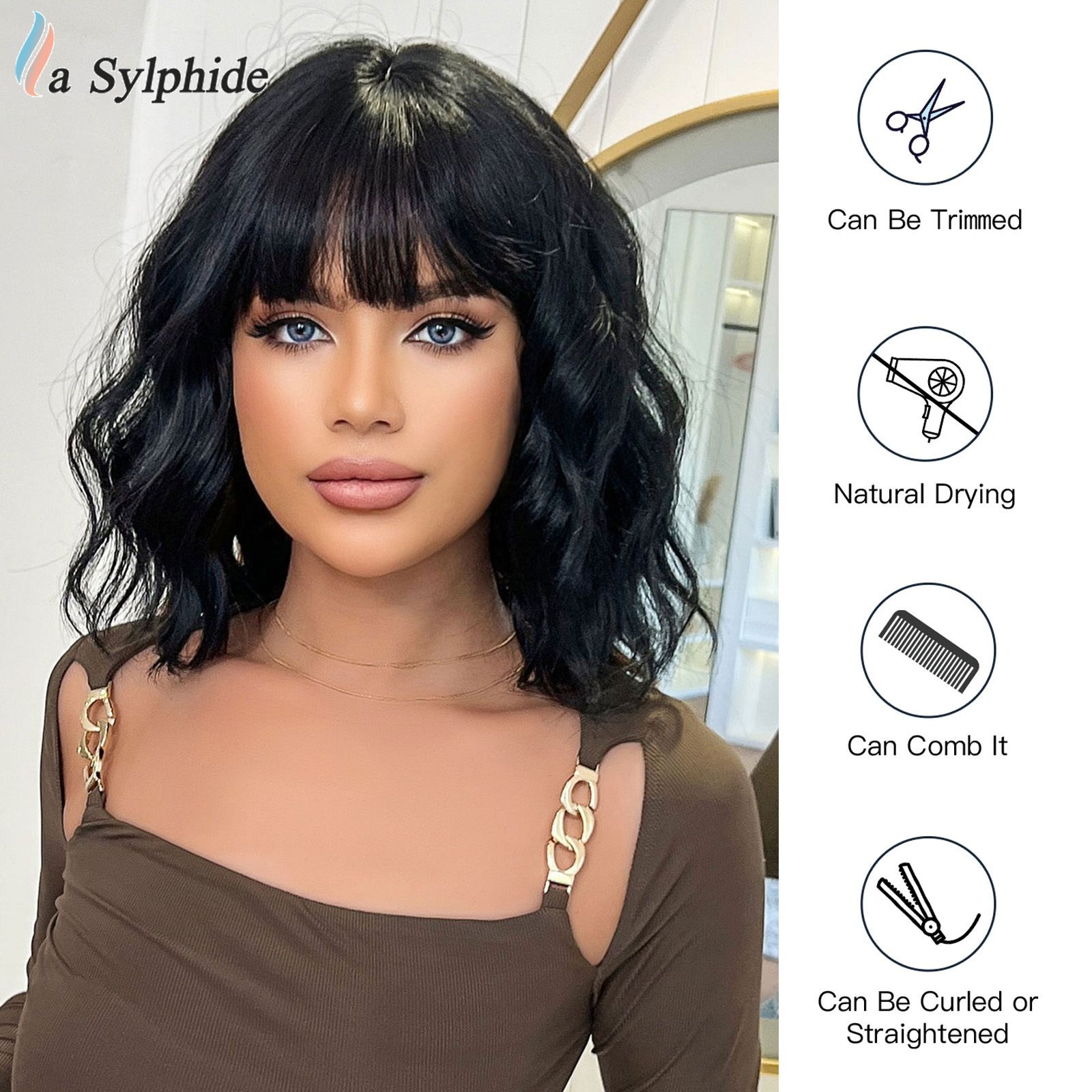Foreign Trade Air Liu Hai Water Ripple Short Curly Hair Gold Brown Pickled Dyeing Gradient Asian Fashion Wig Full Head Hairstyle Versatile