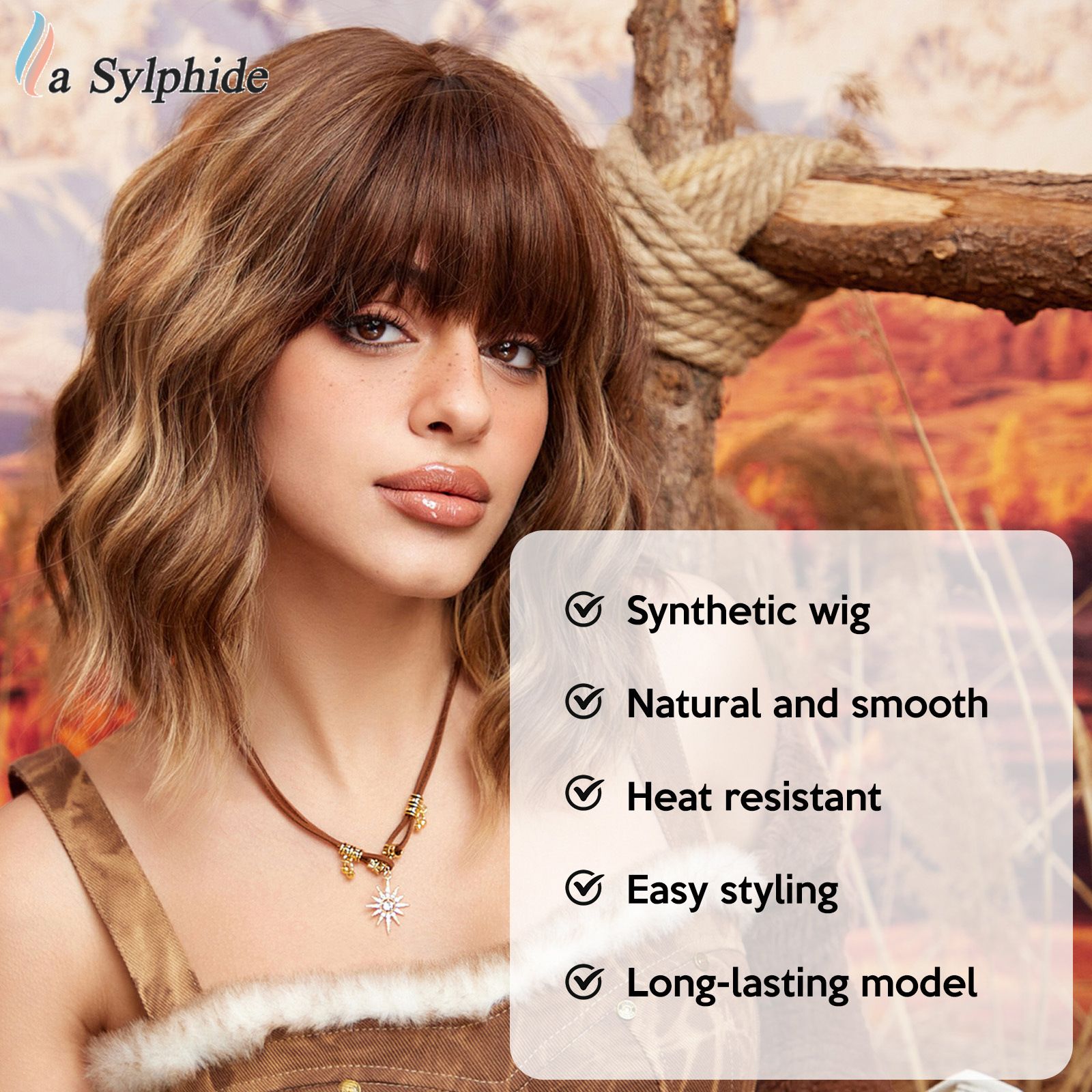 Foreign Trade Air Liu Hai Water Ripple Short Curly Hair Gold Brown Pickled Dyeing Gradient Asian Fashion Wig Full Head Hairstyle Versatile