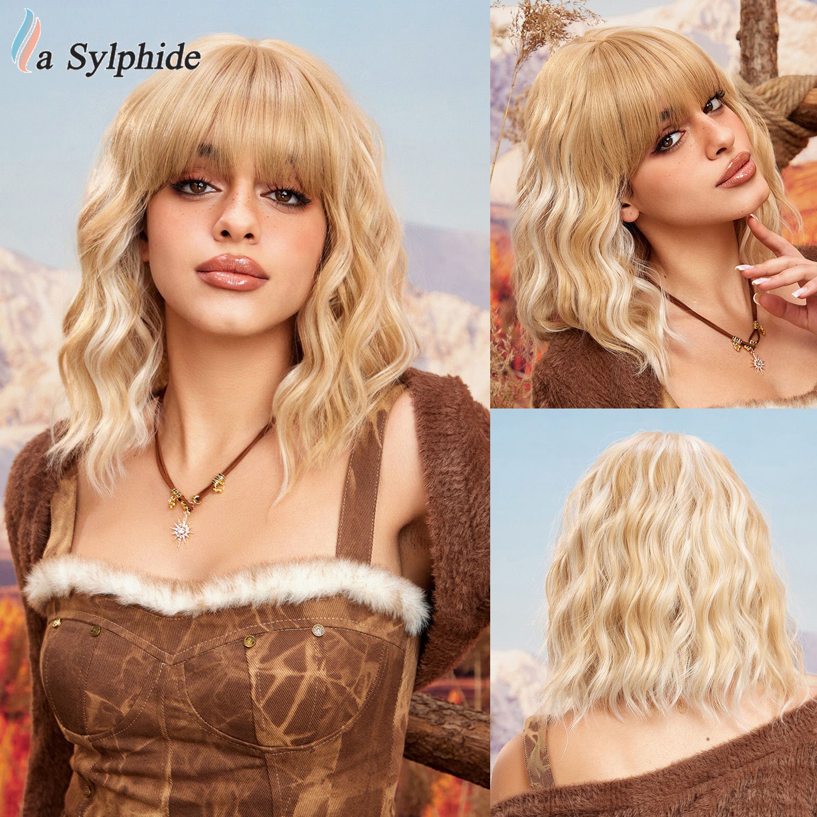 Foreign Trade Air Liu Hai Water Ripple Short Curly Hair Gold Brown Pickled Dyeing Gradient Asian Fashion Wig Full Head Hairstyle Versatile