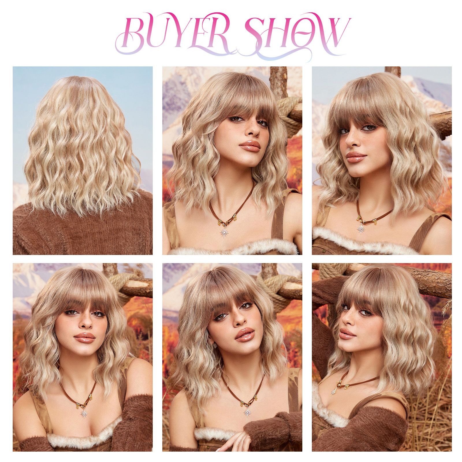 Foreign Trade Air Liu Hai Water Ripple Short Curly Hair Gold Brown Pickled Dyeing Gradient Asian Fashion Wig Full Head Hairstyle Versatile