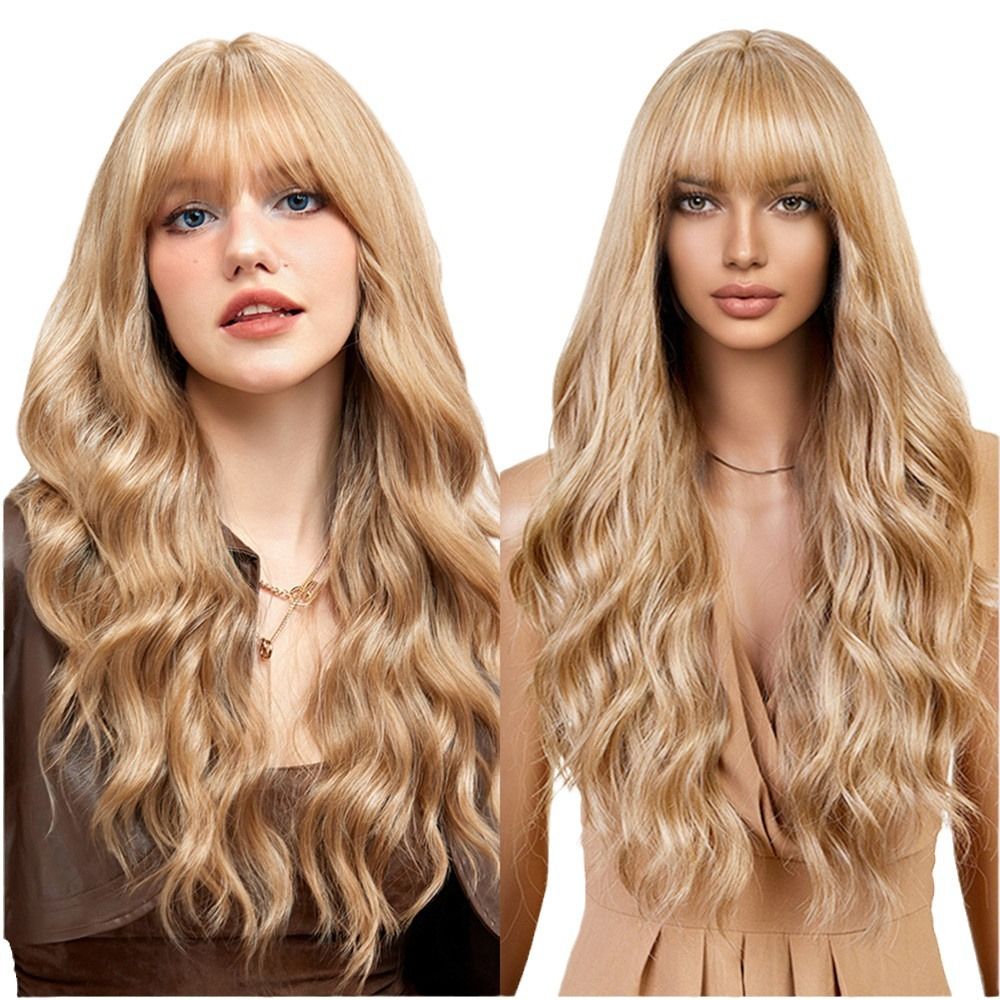 Cross border TikTok hot selling long curly hair wig women's bangs pink brown gradient gold European and American multi color wig