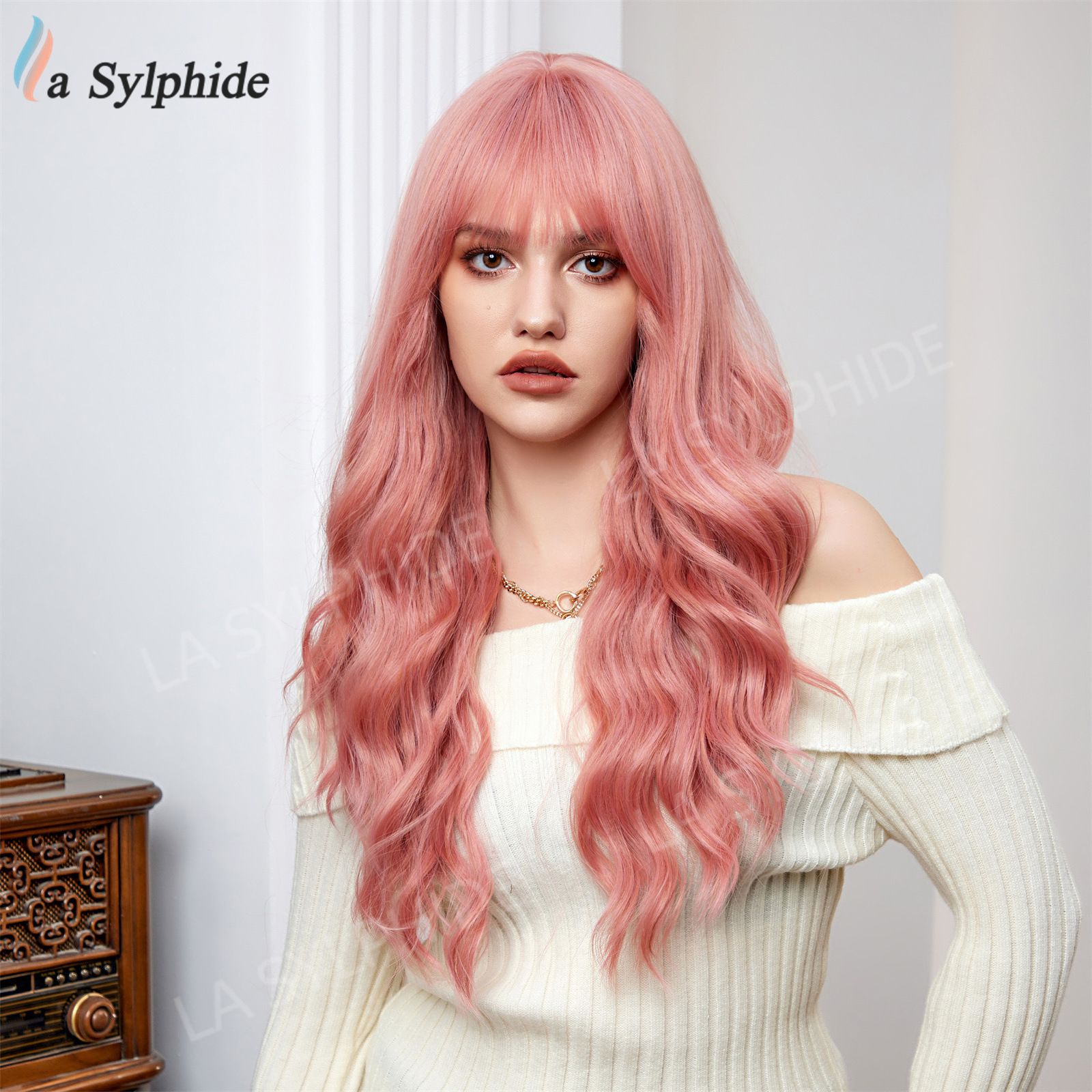 Cross border TikTok hot selling long curly hair wig women's bangs pink brown gradient gold European and American multi color wig