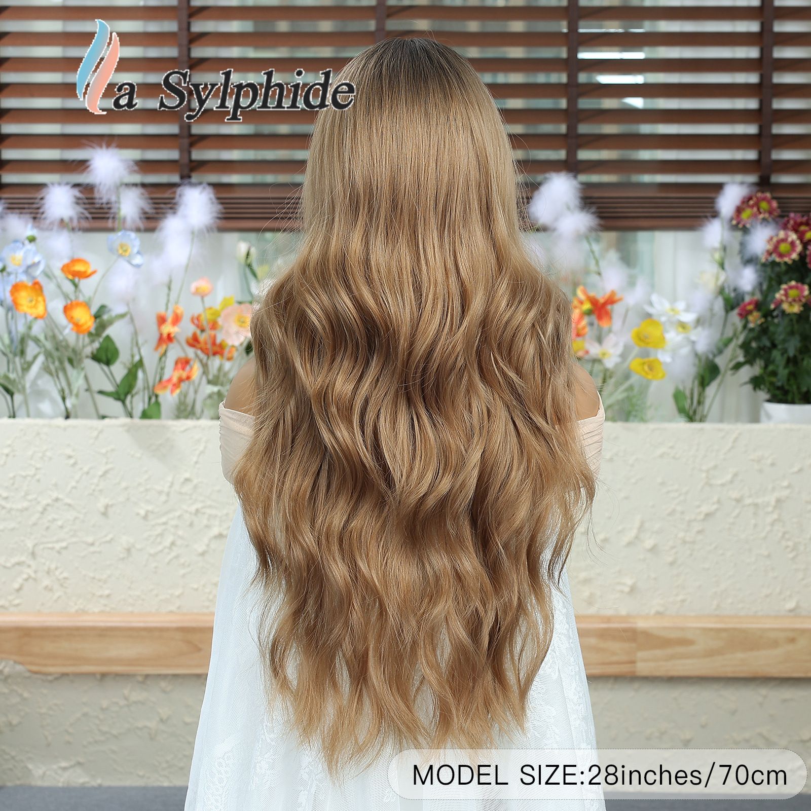 Wig, female, shiny brown, imitating real human hair, natural whole top, long curly hair, lazy, water ripple, mid split, navigation wig, headband