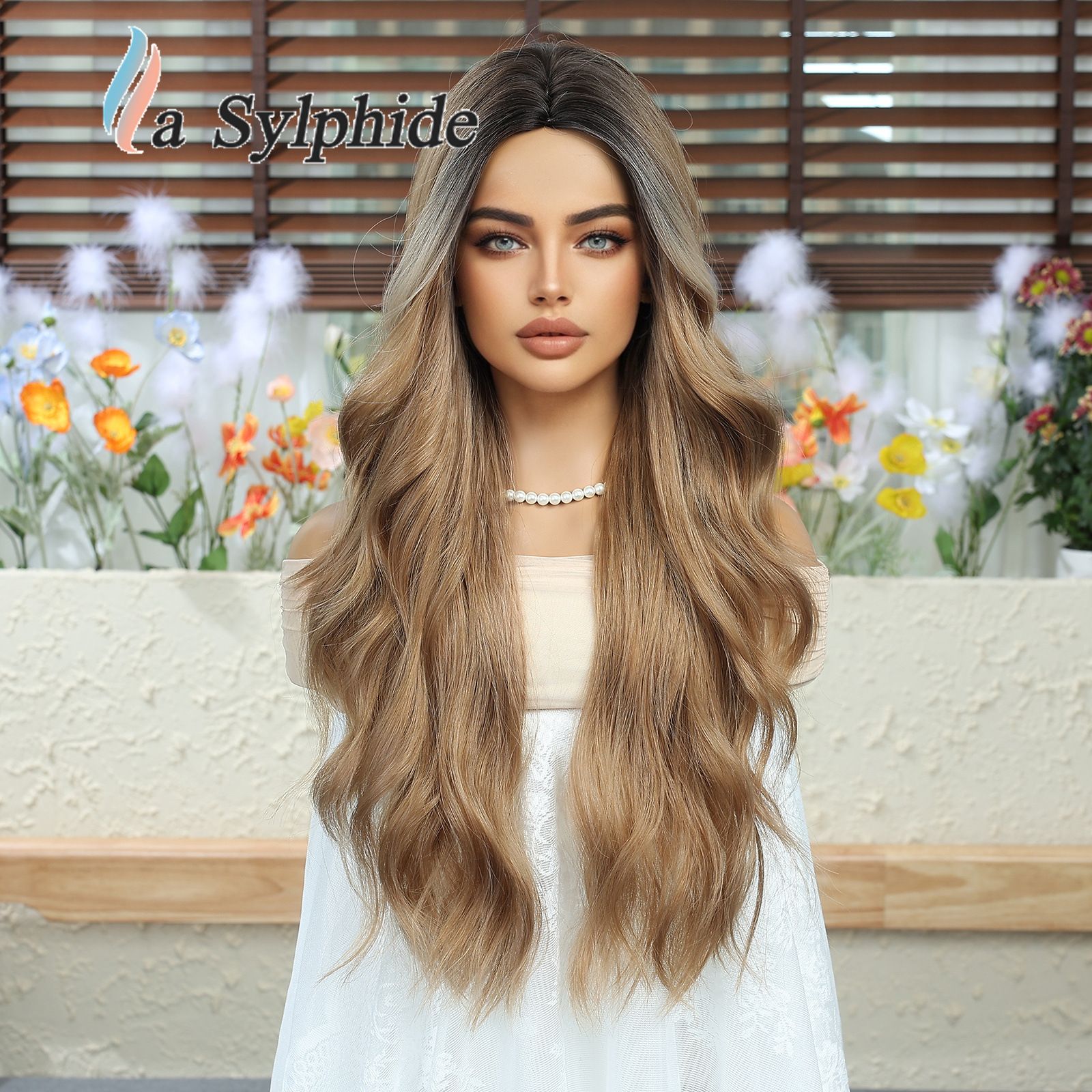 Wig, female, shiny brown, imitating real human hair, natural whole top, long curly hair, lazy, water ripple, mid split, navigation wig, headband