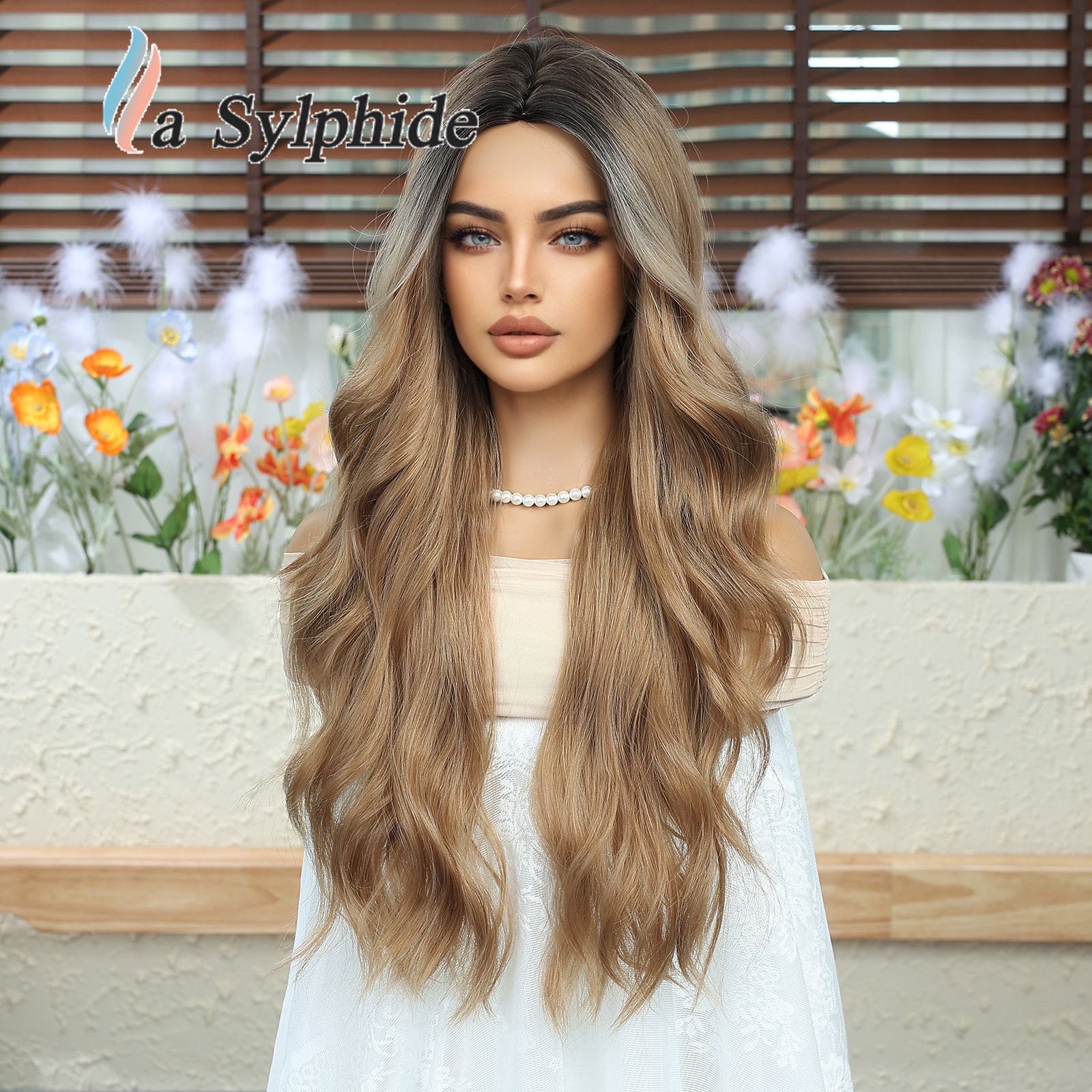 Wig, female, shiny brown, imitating real human hair, natural whole top, long curly hair, lazy, water ripple, mid split, navigation wig, headband