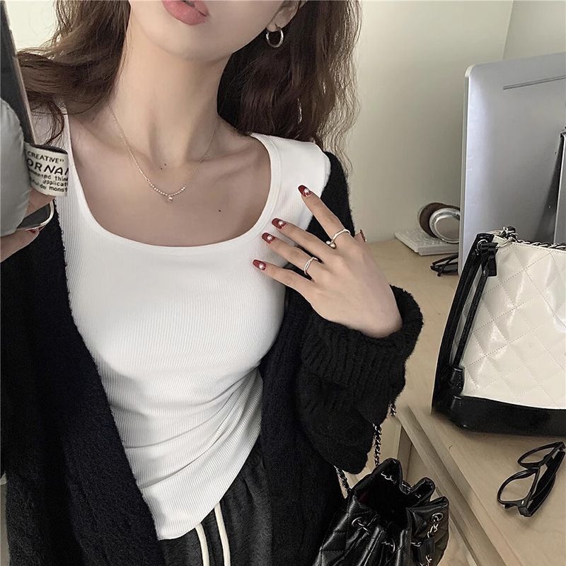 Spring and Autumn Shoulder Long Sleeve White T-shirt for Women 2024 New Style U-neck Winter Plush Thick Inner Undercover, Slim Fit Top