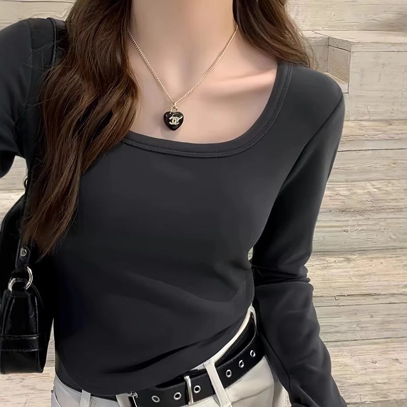 Spring and Autumn Shoulder Long Sleeve White T-shirt for Women 2024 New Style U-neck Winter Plush Thick Inner Undercover, Slim Fit Top