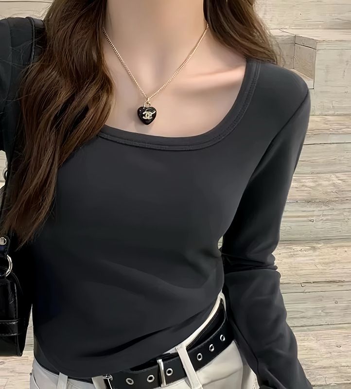 Spring and Autumn Shoulder Long Sleeve White T-shirt for Women 2024 New Style U-neck Winter Plush Thick Inner Undercover, Slim Fit Top