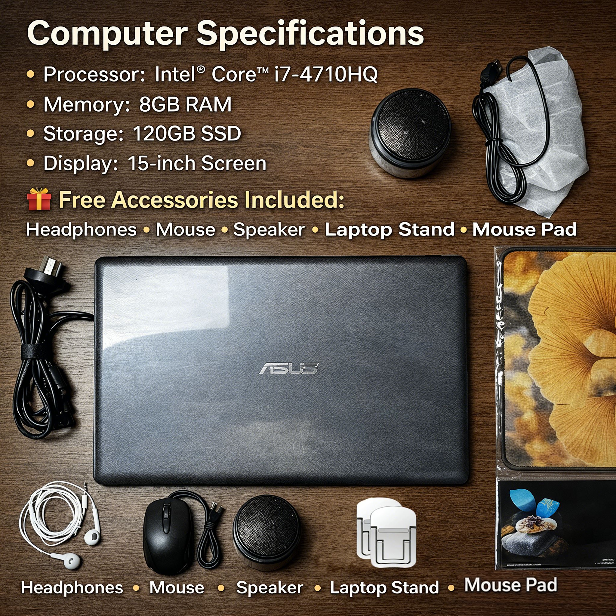 Refurbished Laptops, ASUS A550J laptop, 15.6-inch monitor, Intel i7 4th generation CPU, 8GB RAM, 120GB SSD，Windows10，Headphones Mouse Speaker Laptop Stand Mouse Pad as gift,computer