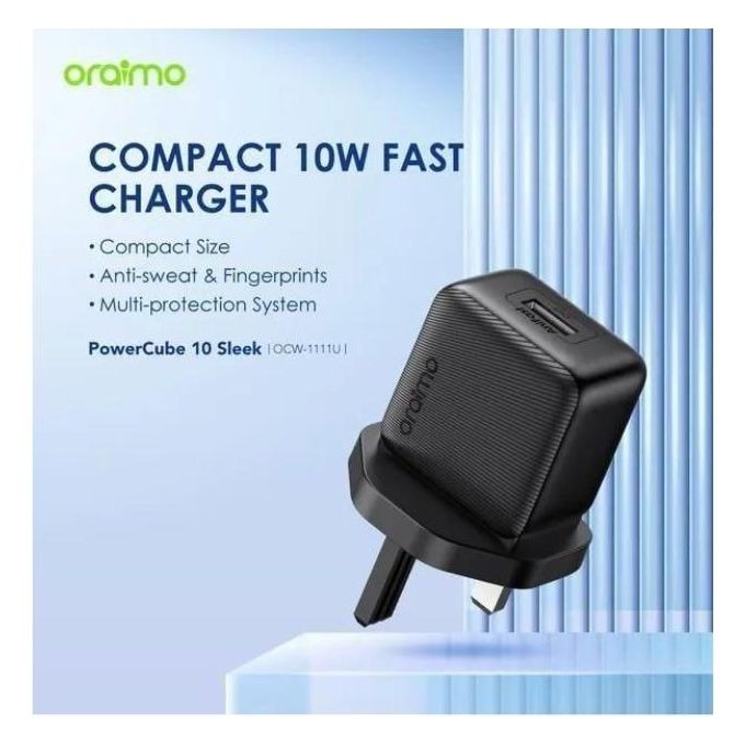 Oraimo Type-C 10W Fast Charger | PowerCube 10 Sleek | Compact Wall Charger | Smart Chip Protection | Multi-Safety System | Sweat & Fingerprint Resistant | black
