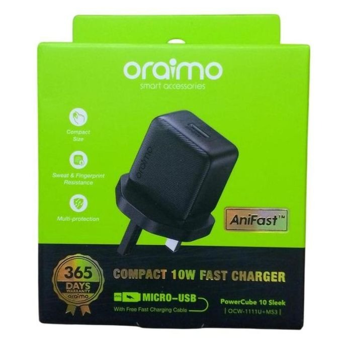 Oraimo Type-B 10W PowerCube Sleek Fast Charger | Micro-USB Wall Adapter | 1M Cable Included | Compact & Durable | Multi-Protection System | Travel-Friendly | Black