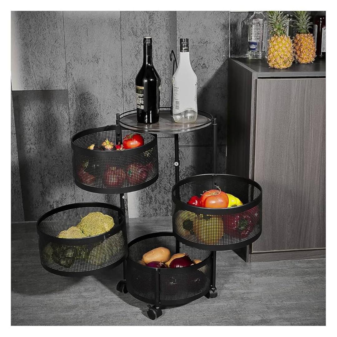 4-Layer Rotating Storage Rack for Kitchen with Wheels and Swivel, Fruit Basket Hard Plastic, Multifunctional Vegetable Storage