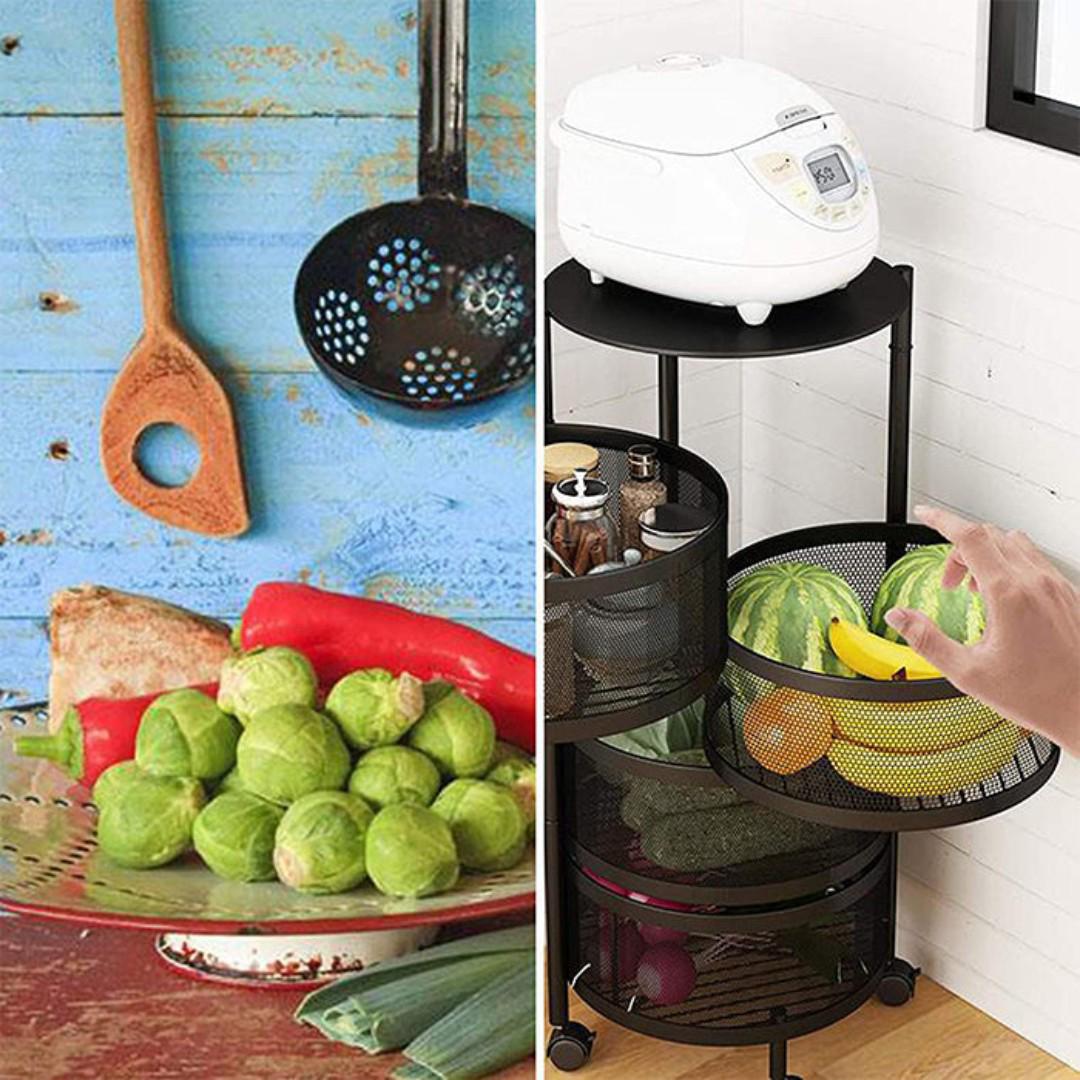 4-Layer Rotating Storage Rack for Kitchen with Wheels and Swivel, Fruit Basket Hard Plastic, Multifunctional Vegetable Storage