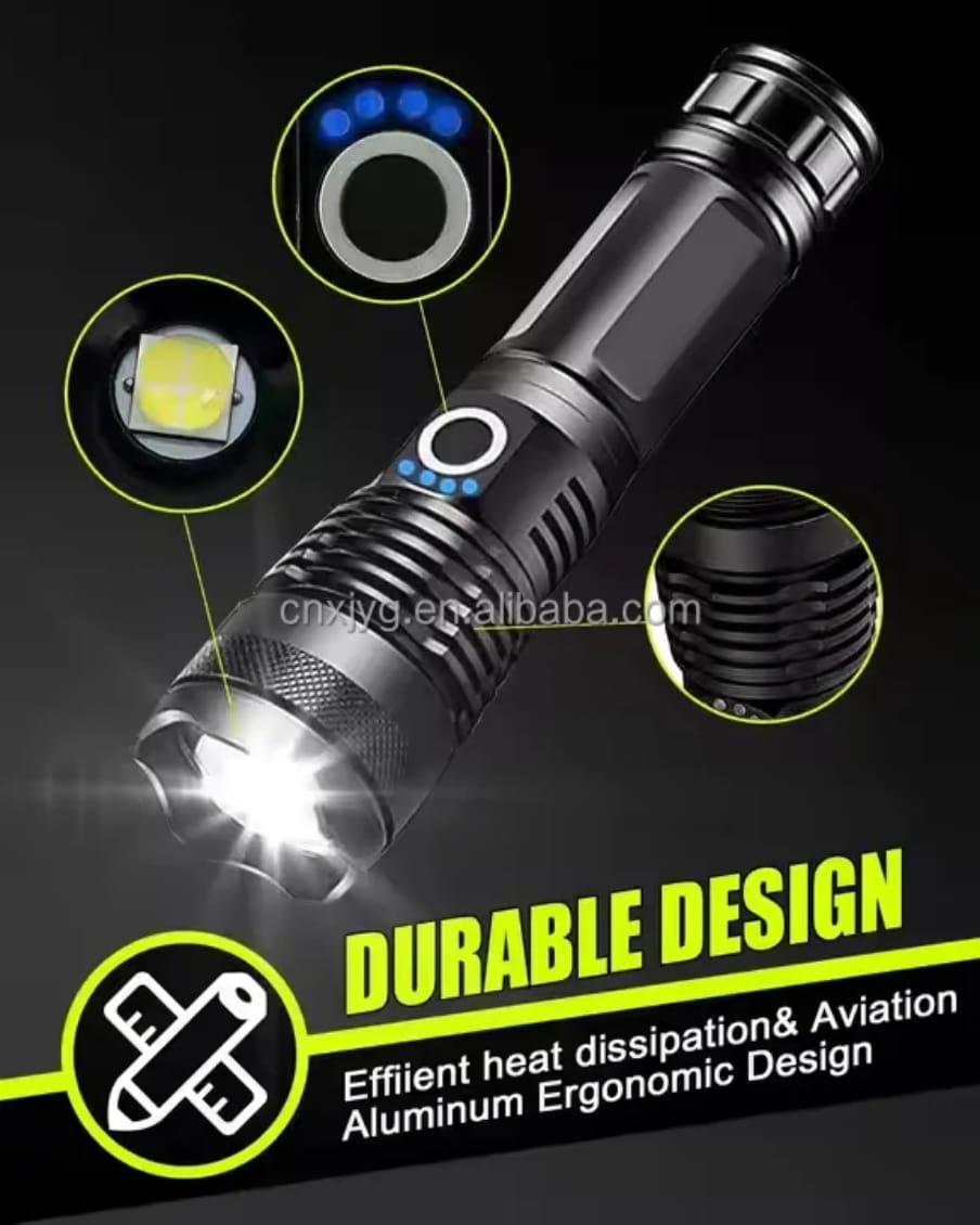 Super Bright Rechargeable Zoom Torch – Heavy-Duty, Long-Lasting Battery & Window Hammer, Super Bright LED Zoom Flashlight Torch Usb Rechargeable Waterproof Lamp