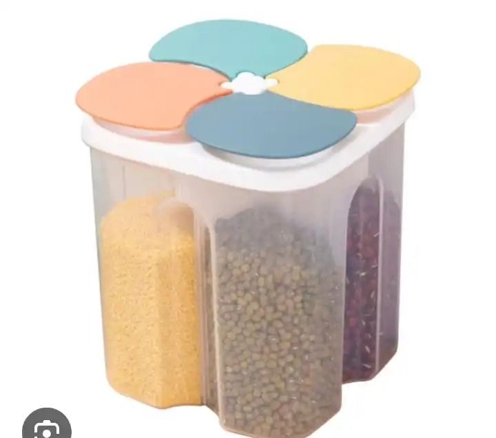 4 Partition Cereal Container 2 Liters Airtight Food Storage Dispenser Dry Food Organizer Kitchen Pantry Box for Cereals Rice Beans Pasta Snacks Moisture Proof BPA Free Durable Clear Body
