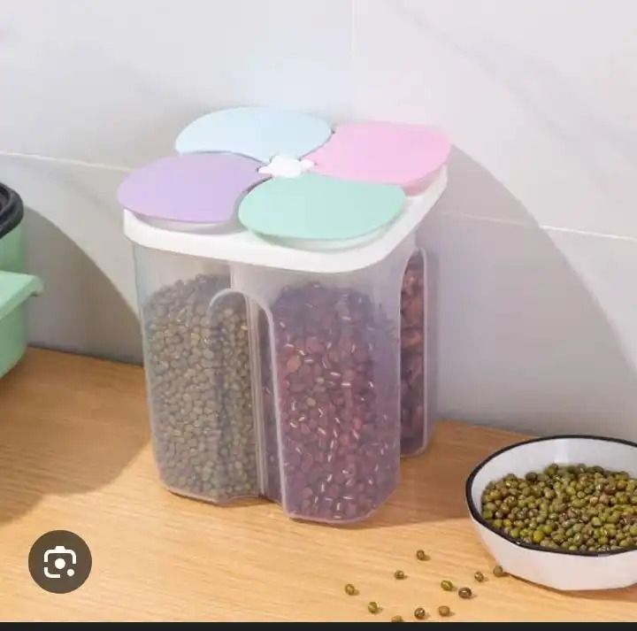 4 Partition Cereal Container 2 Liters Airtight Food Storage Dispenser Dry Food Organizer Kitchen Pantry Box for Cereals Rice Beans Pasta Snacks Moisture Proof BPA Free Durable Clear Body