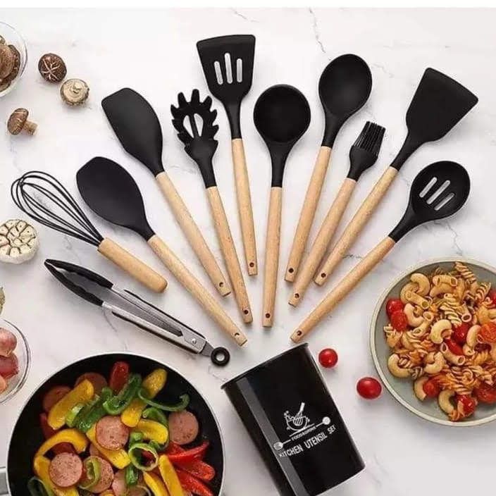 12pc Silicone spoons Non-Stick Cooking Spoon Set With Holder. Heat-resistant food-grade silicone (safe for non-stick cookware) Strong wooden handles for a comfortable, non-slip