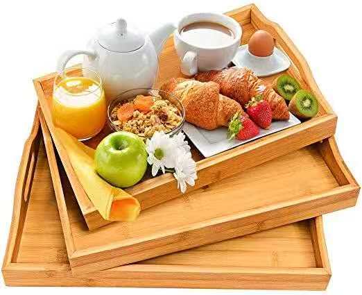 🤩3pc wooden trays,Set of 3 Natural Bamboo Serving Trays with Handles - Nesting Wooden Food & Drink Platters for Breakfast, Coffee & Decor,Bamboo Food Platters,Decorative Trays with Handles.📍