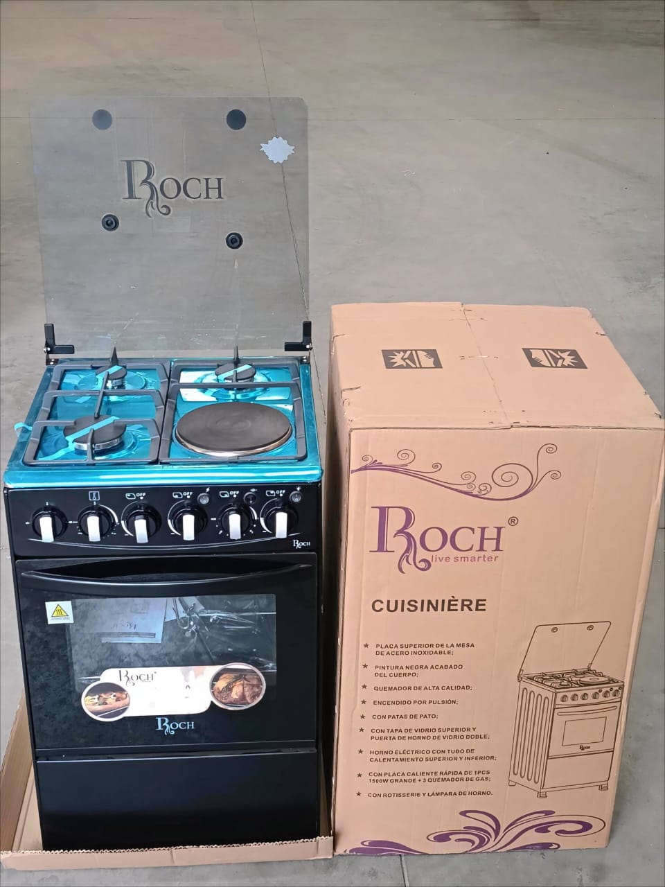 MASSIVE OFFER🎀🔥🔥Roch black 50×55 standing 3+1 cooker😶‍🌫️Top hotplate power: 1*1500W Sabaf copy burner+Al base (1 large, 1 medium, 1 small), Iron cast grills, Pulse ignition for the gas burners; E