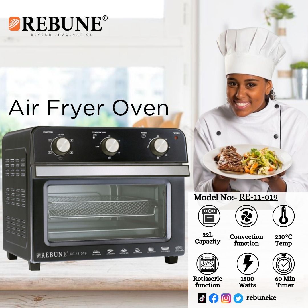 22 litres Rebune Airfryer oven. Large Air Fryer Presets for fries, chicken, fish, and meat. Simplify your cooking with this stainless steel air fryer. Start your air frying adventure instantly.