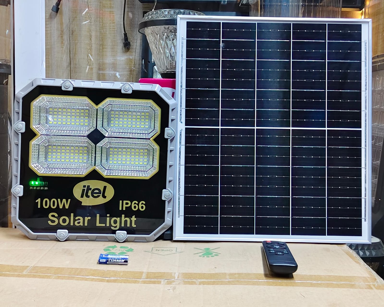 Durable Outdoor Build – strong casing for long-term use🎇100W Itel Project Solar Floodlight🎇comes with a separate solar panel for fast charging and reliable performance, plus a remote control for con