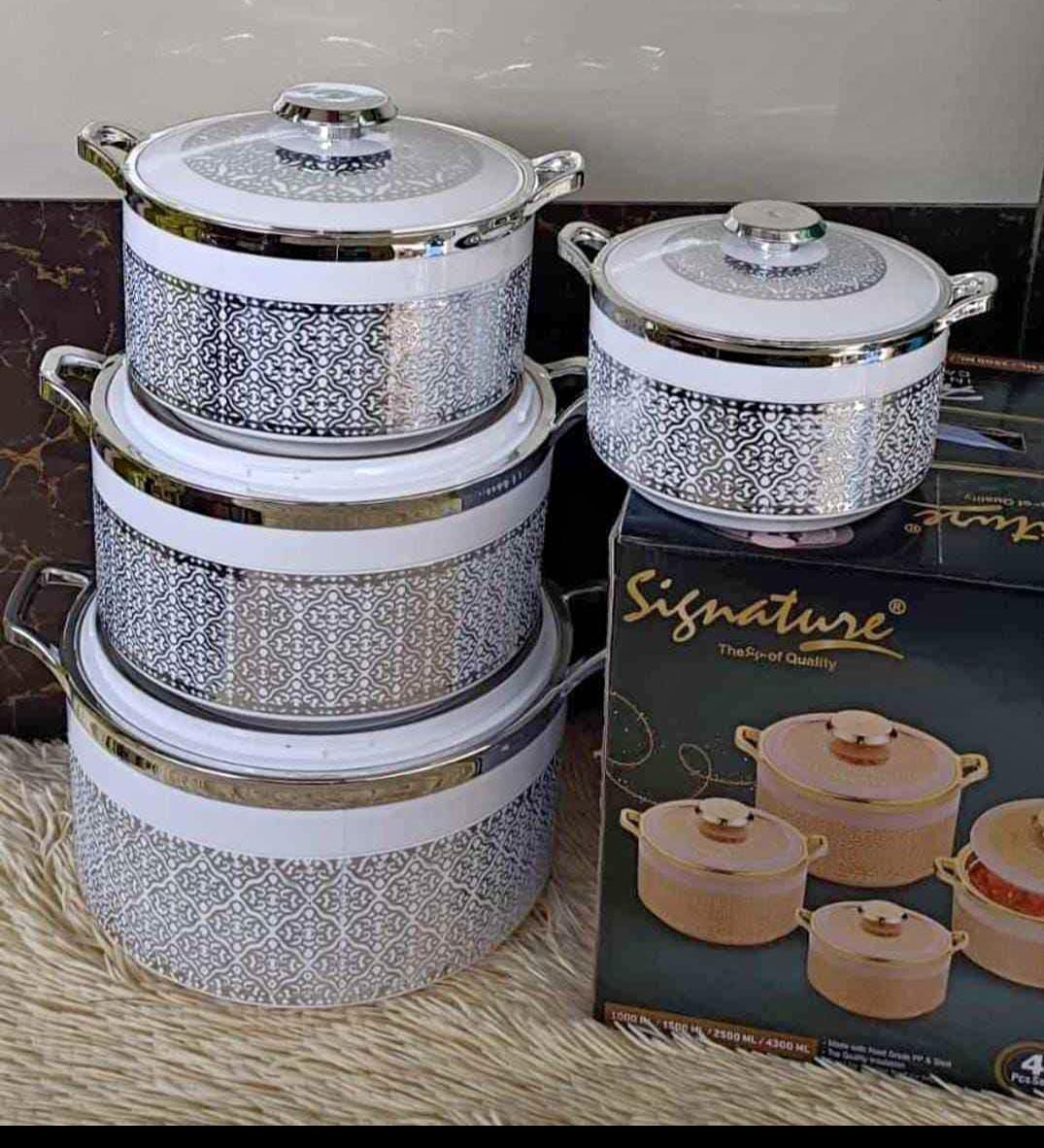 🎇Signature 4 pcs HILUX Hotpots (1000/1500/2500/4300)😶‍🌫️stylish and practical solution for keeping your food hot or cold for extended periods. This 4-piece set in elegant silver comprises casserole