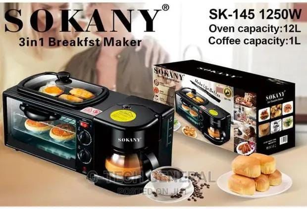🧏🏻‍♀️ New Arrival 🧏🏻‍♀️Sokany 3 IN 1 BREAKFAST MAKER COFFEE MAKER,OVEN & TOSTER🎇 toast bread, cook fried eggs, sausages, meat, bakes pies, pizza and cook coffee or tea simultaneously. This multi