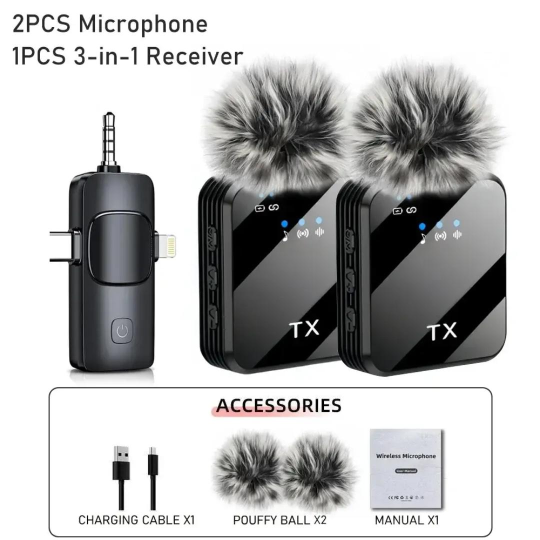 3 in 1 Microphone for iPhone/Android/Camera, Wireless Lavalier Microphone, 20 meters Transmission, 18H Battery Life, Mini Microphone for Record Interview, Vlogs, YouTube, Tiktok, Plug and Play