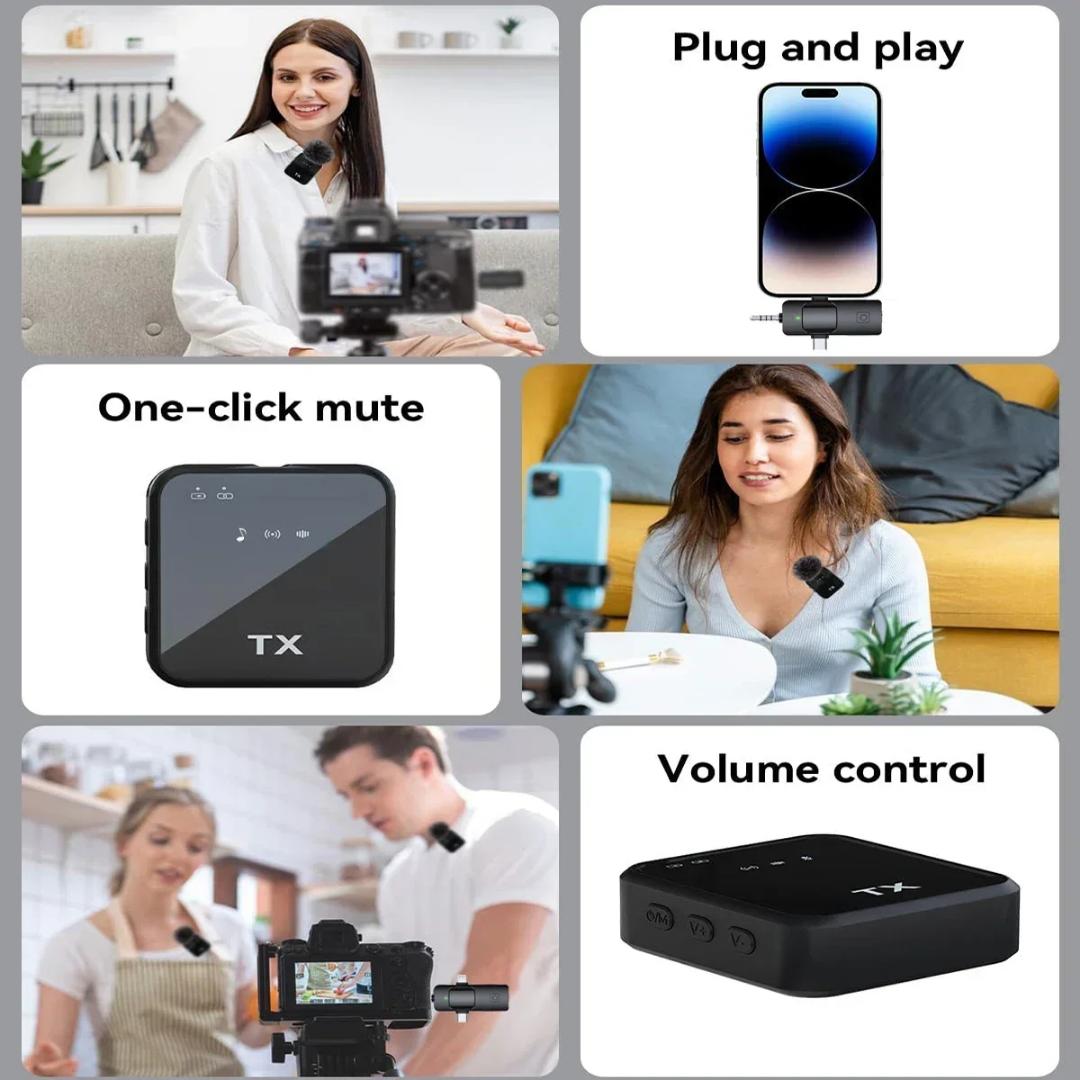 3 in 1 Microphone for iPhone/Android/Camera, Wireless Lavalier Microphone, 20 meters Transmission, 18H Battery Life, Mini Microphone for Record Interview, Vlogs, YouTube, Tiktok, Plug and Play