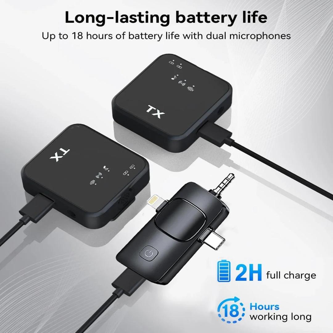3 in 1 Microphone for iPhone/Android/Camera, Wireless Lavalier Microphone, 20 meters Transmission, 18H Battery Life, Mini Microphone for Record Interview, Vlogs, YouTube, Tiktok, Plug and Play