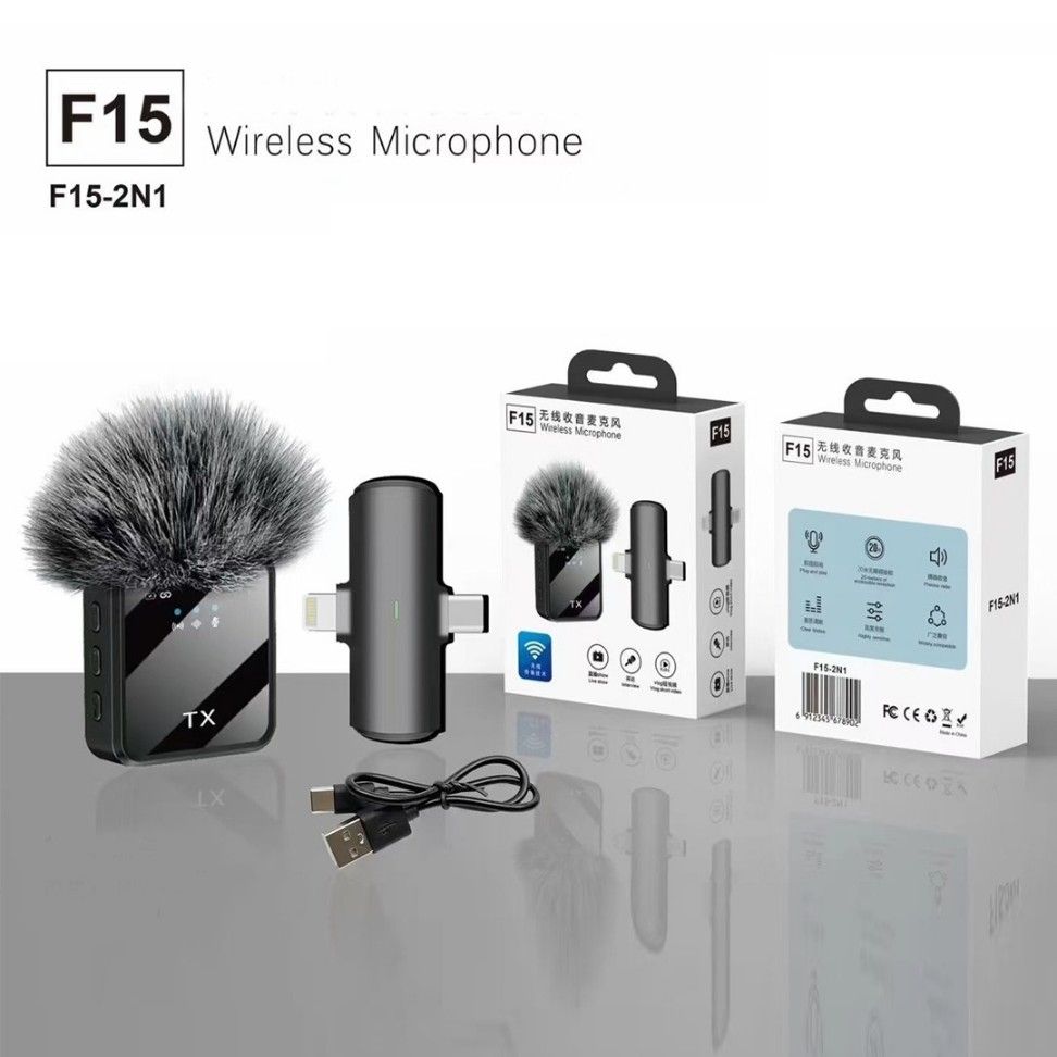 Professional Portable F15-2 Dual Mini Wireless Headset Microphone 3 in 1 with Noise Reduction and Tiny Collar Clip Noise Reduction Mini Mic for Recording plus Wireless Interview Microphone Handheld Ad